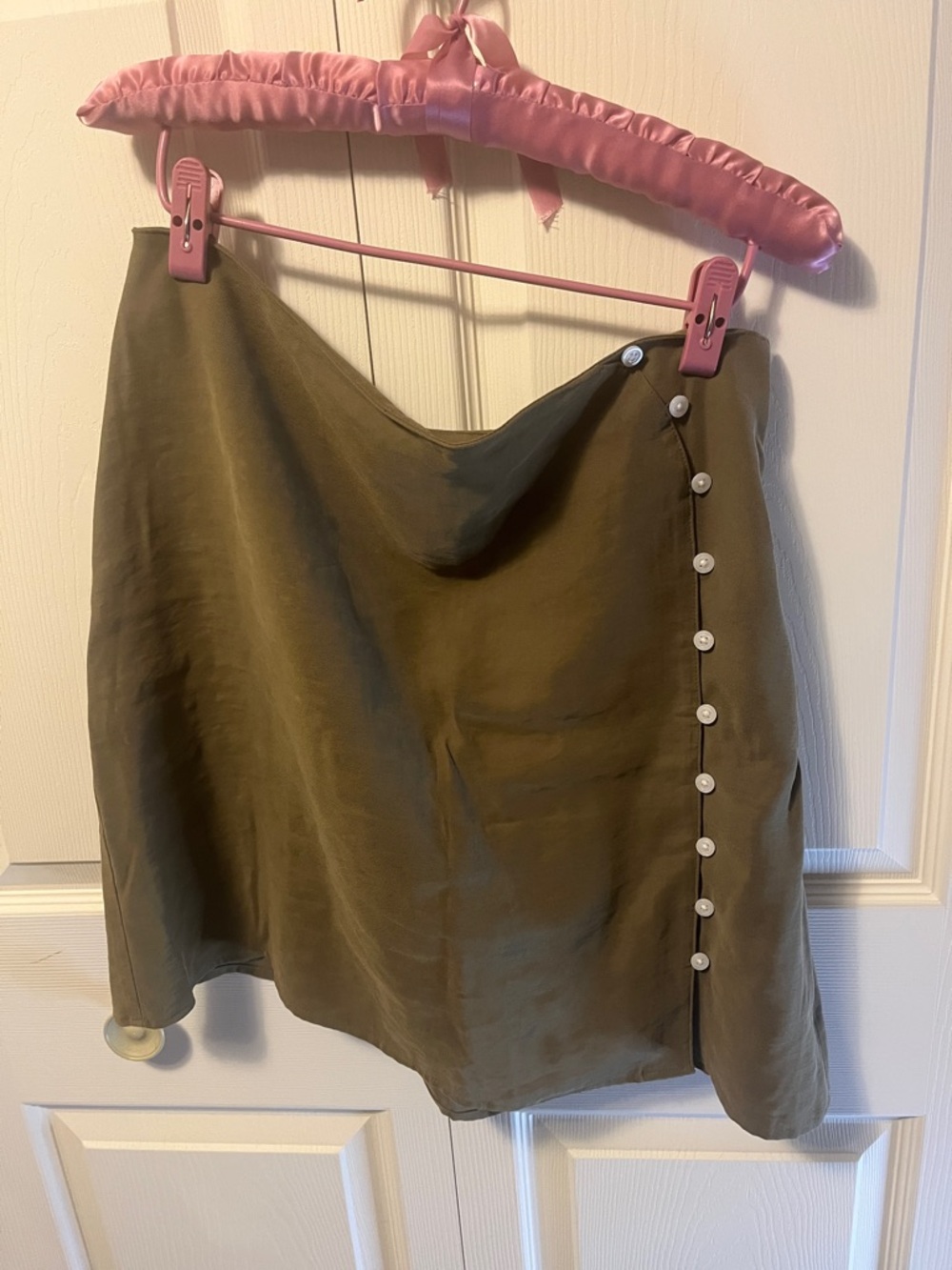 LOFT Olive Asymmetrical Side-Button Midi Skirt